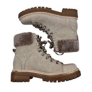 Time & Tru Womens Lace Up Combat Winter Boots Faux Fur Lug Sole Beige 8.5  Price